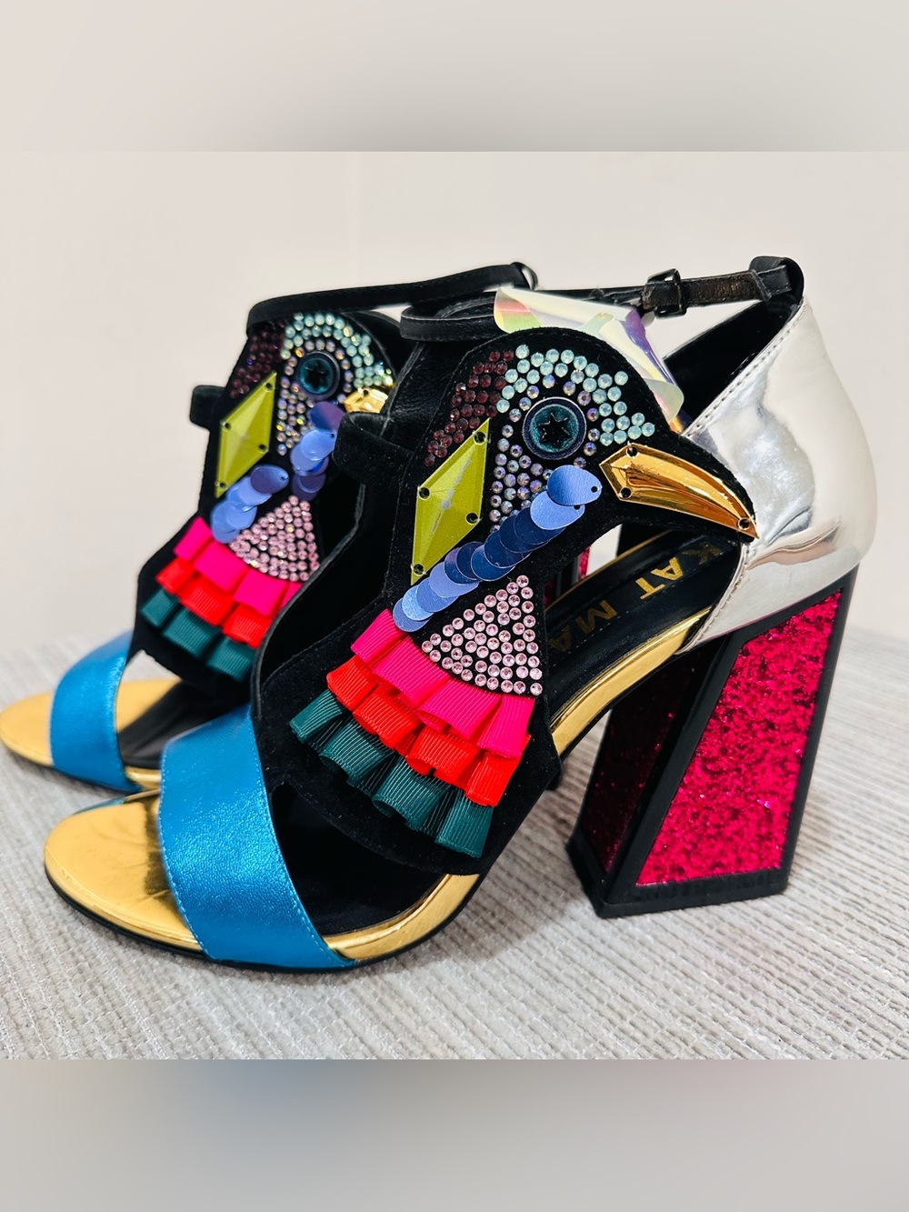 Kat Maconie AYA Toucan Embellished Block Heel Sandals Multi Size 9